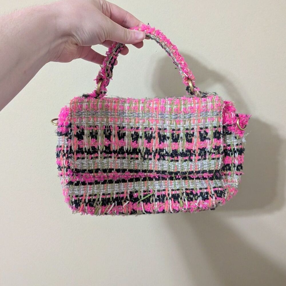 Hot Pink Tweed Handbag Multicolored Woven Boucle Top Handle Satchel Shoulder Bag